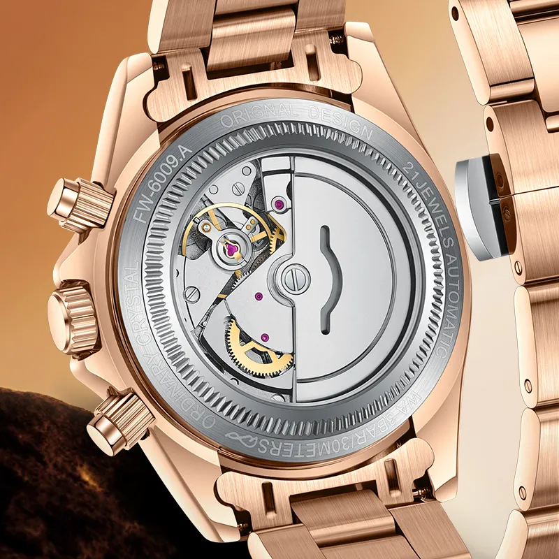 FAIRWHALE Automatic Mechanical Movement Metal Strap Watch Men's Watches Black Dial-8