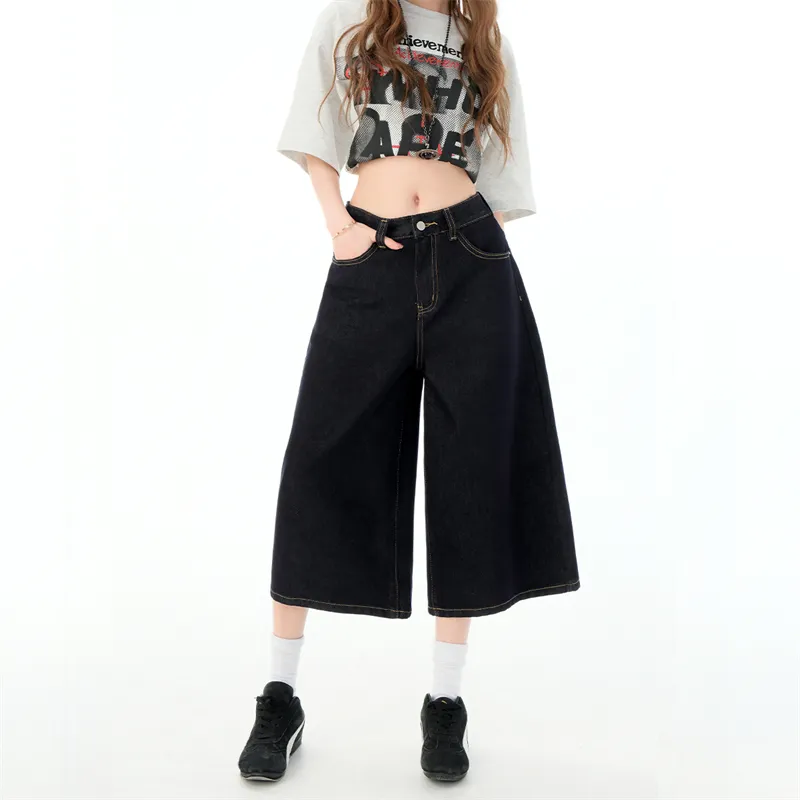 PVJ Denim Shorts Women's JYJ501 Dark Blue Lyocell Wide Leg Capri Pants-2