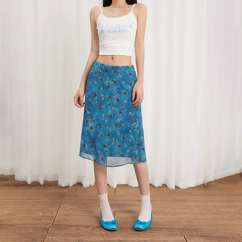 PVJ Casual Long Skirts Women's Y4308 Blue Floral Skirt-2
