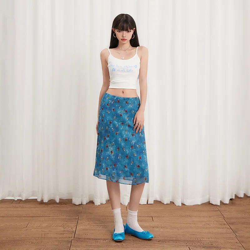 PVJ Casual Long Skirts Women's Y4308 Blue Floral Skirt-3