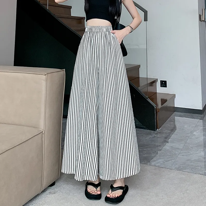 HTHK Casual Pants Women's Black White Stripes-1
