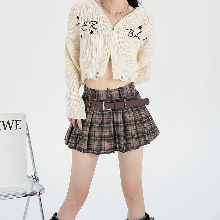 HTHK Casual Short Skirts Women's Black Plaid, Coffee Plaid-10