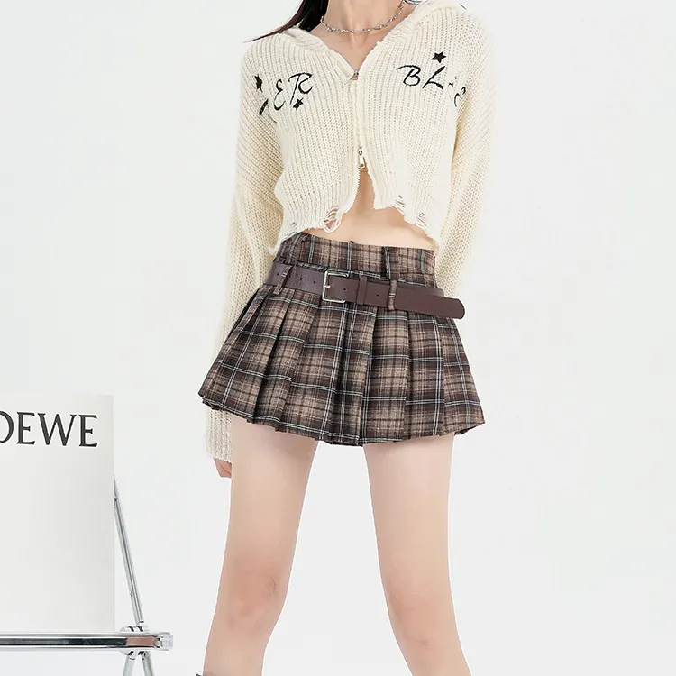 HTHK Casual Short Skirts Women's Black Plaid, Coffee Plaid-8