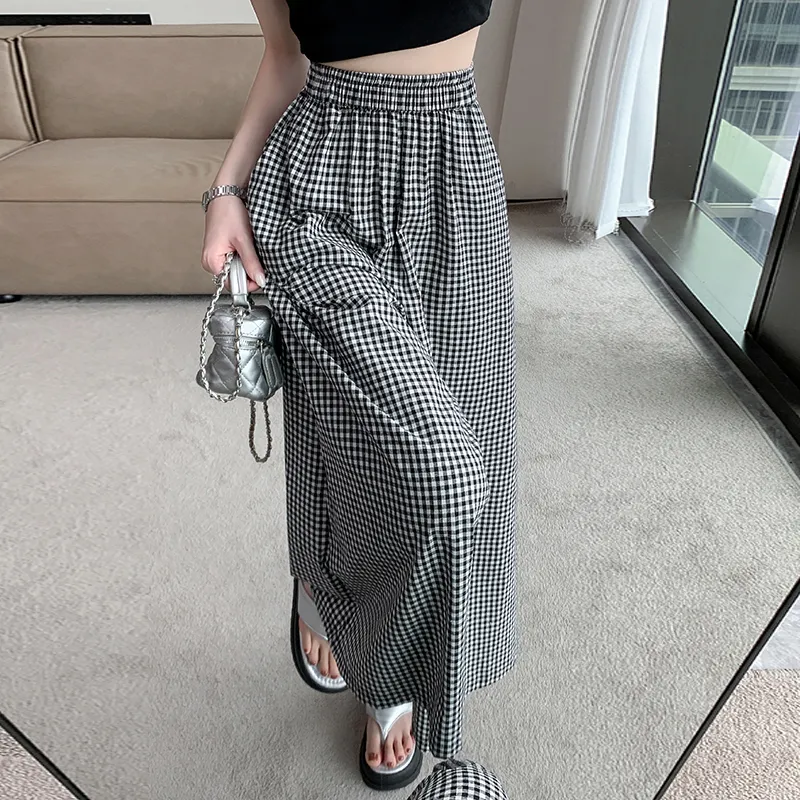 HTHK Casual Pants Women's Black White Plaid-5