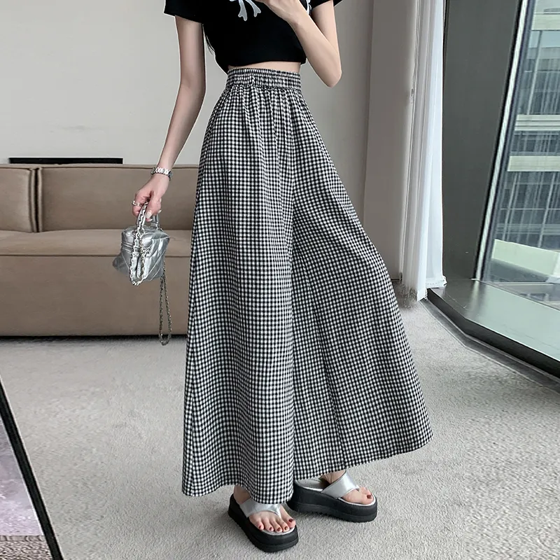HTHK Casual Pants Women's Black White Plaid-4