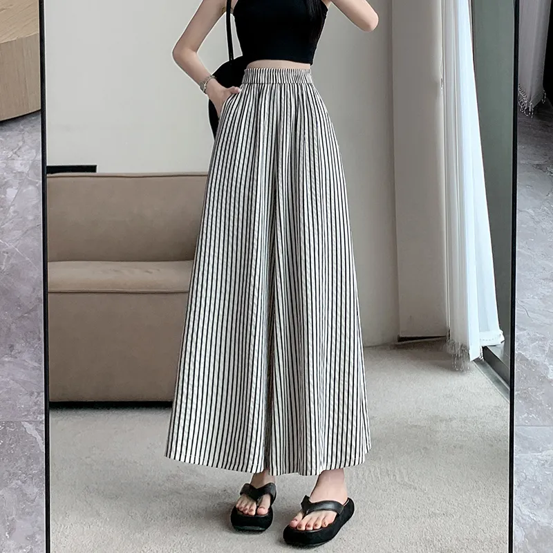 HTHK Casual Pants Women's Black White Stripes-3