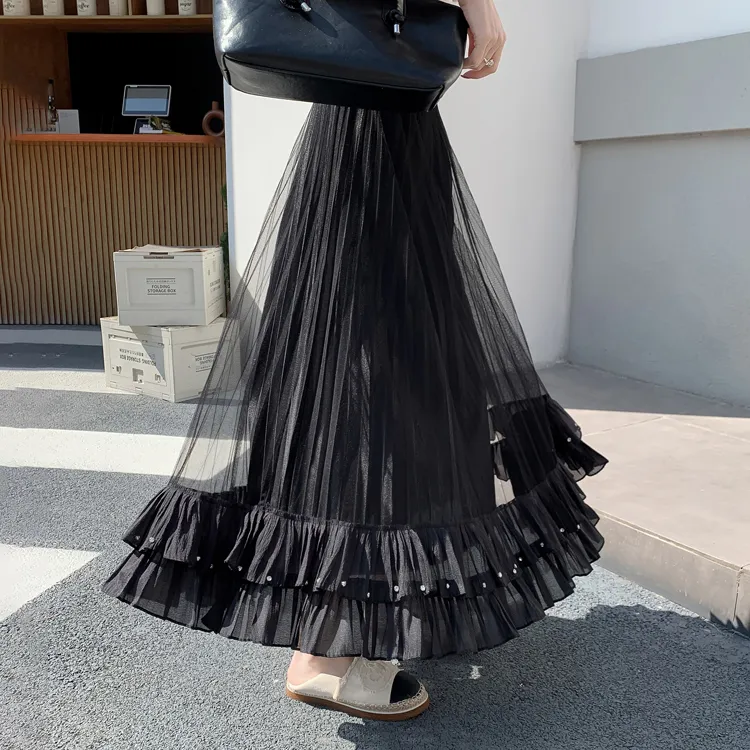 HTHK Casual Long Skirt Women's Black/Apricot/Pink-2