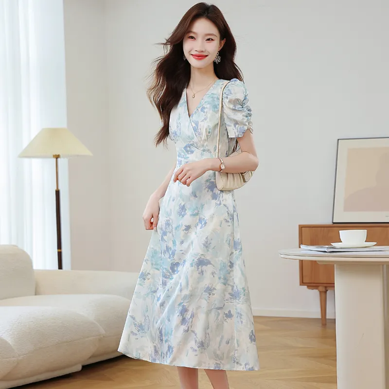 MISTVB Short Sleeved Dress Women's Plain Colorful Blue Painting-3