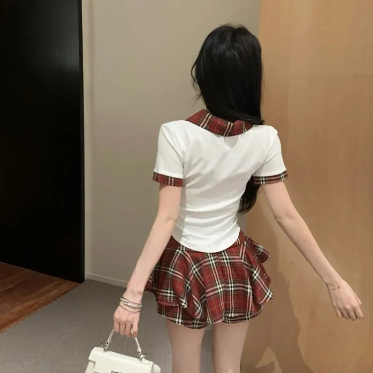 MISTVB Casual Suits Women's White Top+Plaid Skirt Set-2
