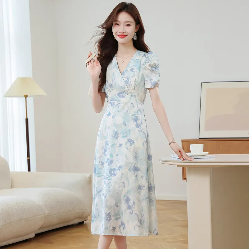 MISTVB Short Sleeved Dress Women's Plain Colorful Blue Painting-5