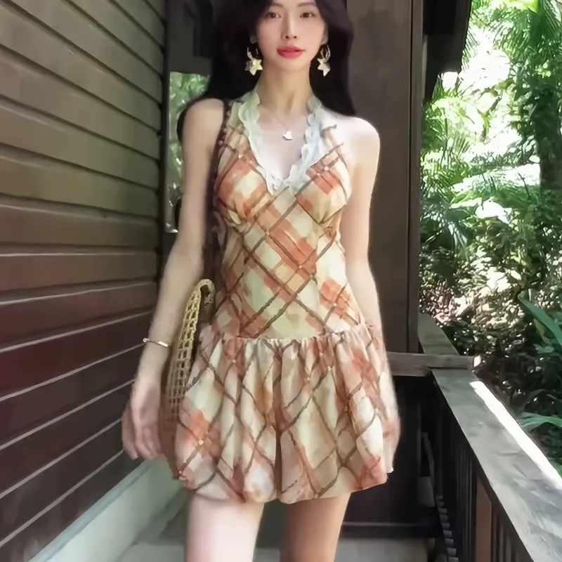 TSKIU Slip Dresses Women's Plaid Dress-4
