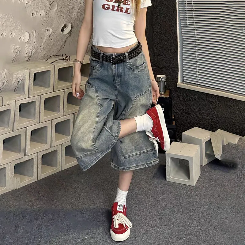 NRTR High Rise Slimming Seven Eighths Loose Fit Wide Leg Denim Shorts Women's-1