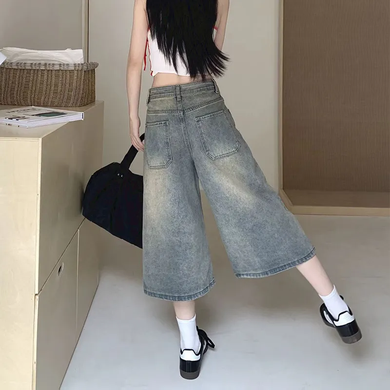 NRTR High Rise Slimming Seven Eighths Loose Fit Wide Leg Denim Shorts Women's-3