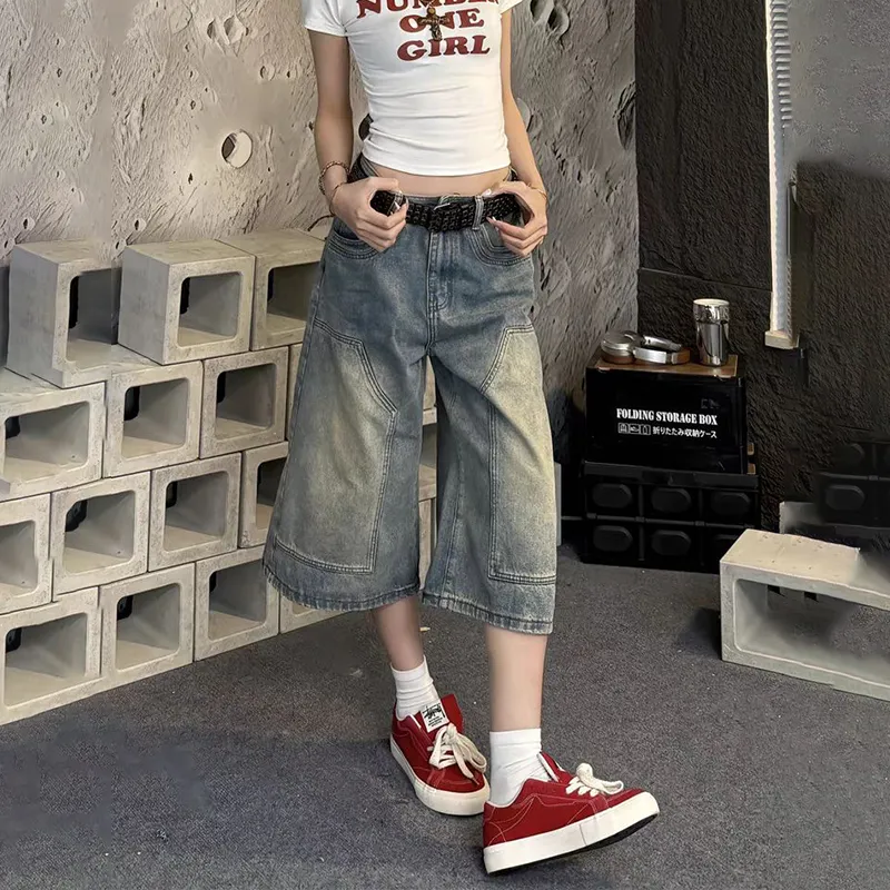 NRTR High Rise Slimming Seven Eighths Loose Fit Wide Leg Denim Shorts Women's-2