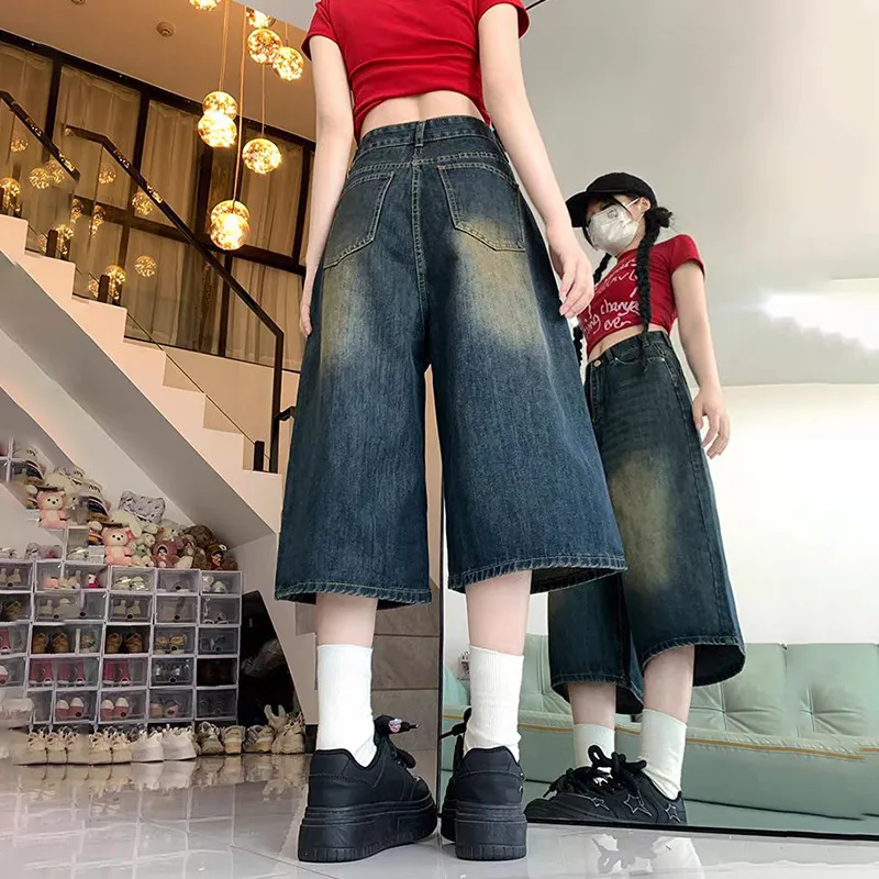NRTR High Rise Slimming Seven Eighths Loose Fit Wide Leg Denim Shorts Women's-3