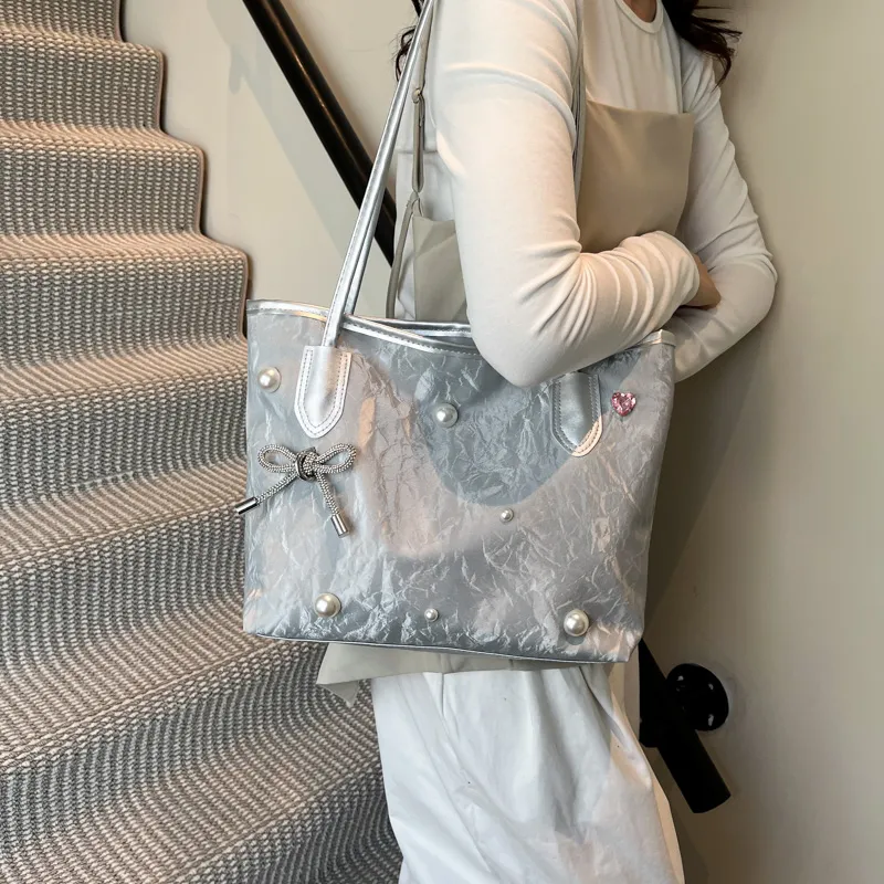 TOUTSEUL YOLO PU Tote Bag, Shoulder Bag Women's White/Silver/Black-10