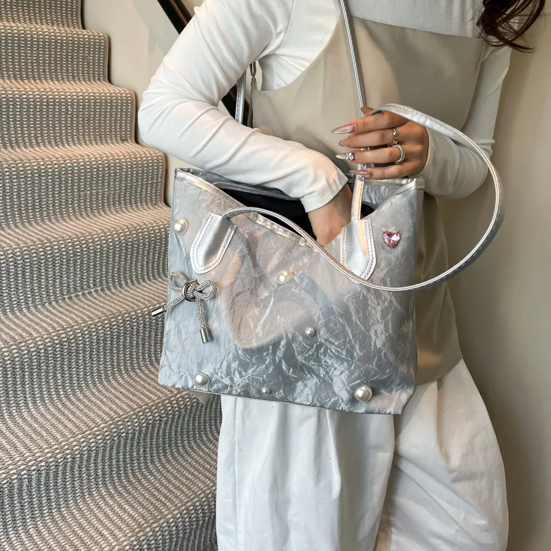TOUTSEUL YOLO PU Tote Bag, Shoulder Bag Women's White/Silver/Black-11