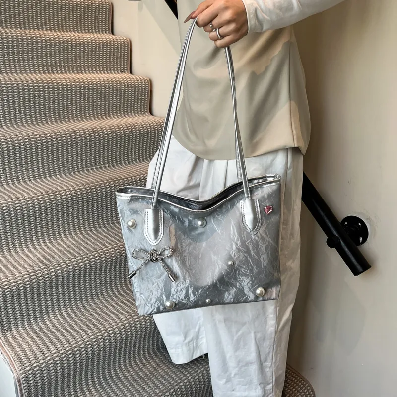 TOUTSEUL YOLO PU Tote Bag, Shoulder Bag Women's White/Silver/Black-7