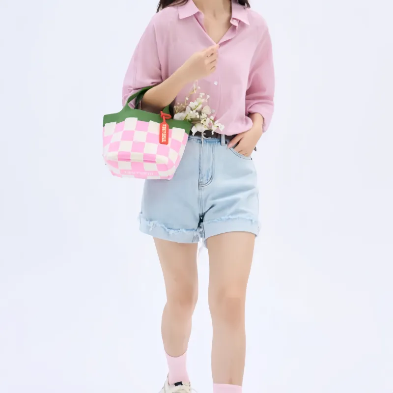TOUTSEUL YOLO Polyester Basket Bag Handbag Women's Pink Green-4