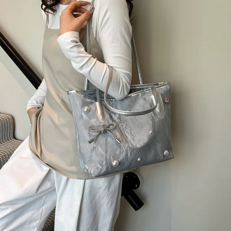 TOUTSEUL YOLO PU Tote Bag, Shoulder Bag Women's White/Silver/Black-8