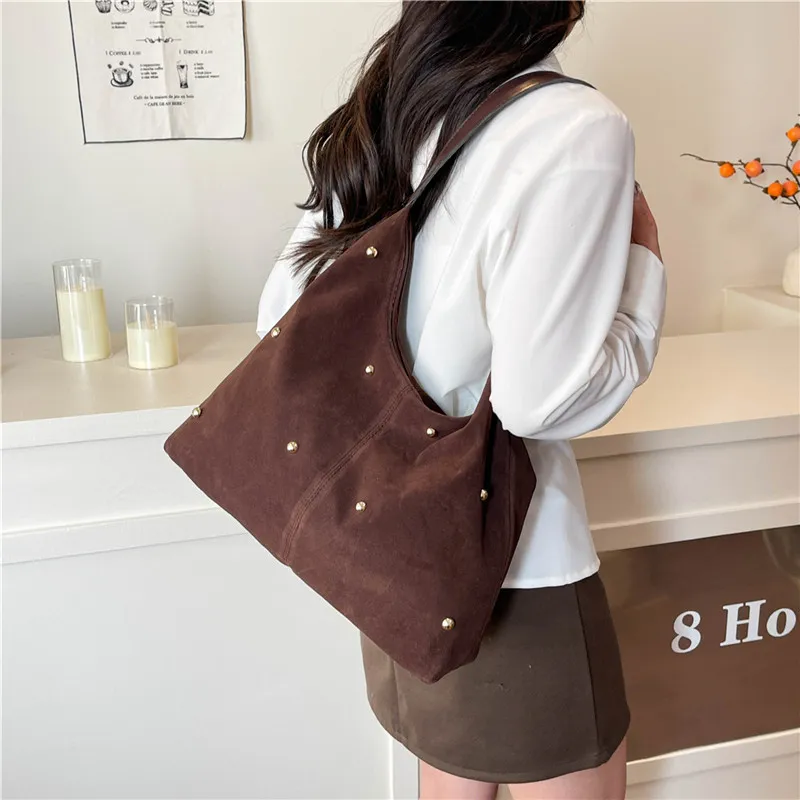 Dusen Kangaroo Velour Shoulder Bag Women's Black/Red/Beige/Coffee/Brown-18