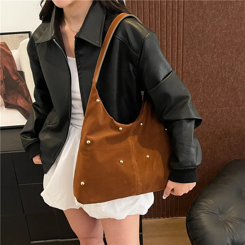 Dusen Kangaroo Velour Shoulder Bag Women's Black/Red/Beige/Coffee/Brown-24