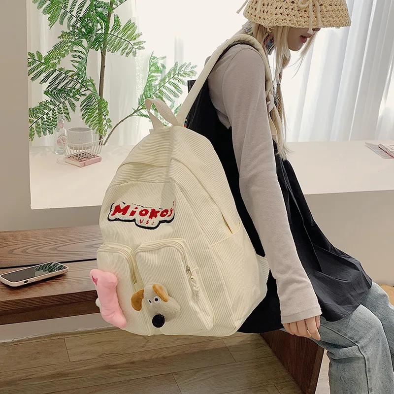 Dusen Kangaroo Corduroy Backpack Women's White/Black/Red-4