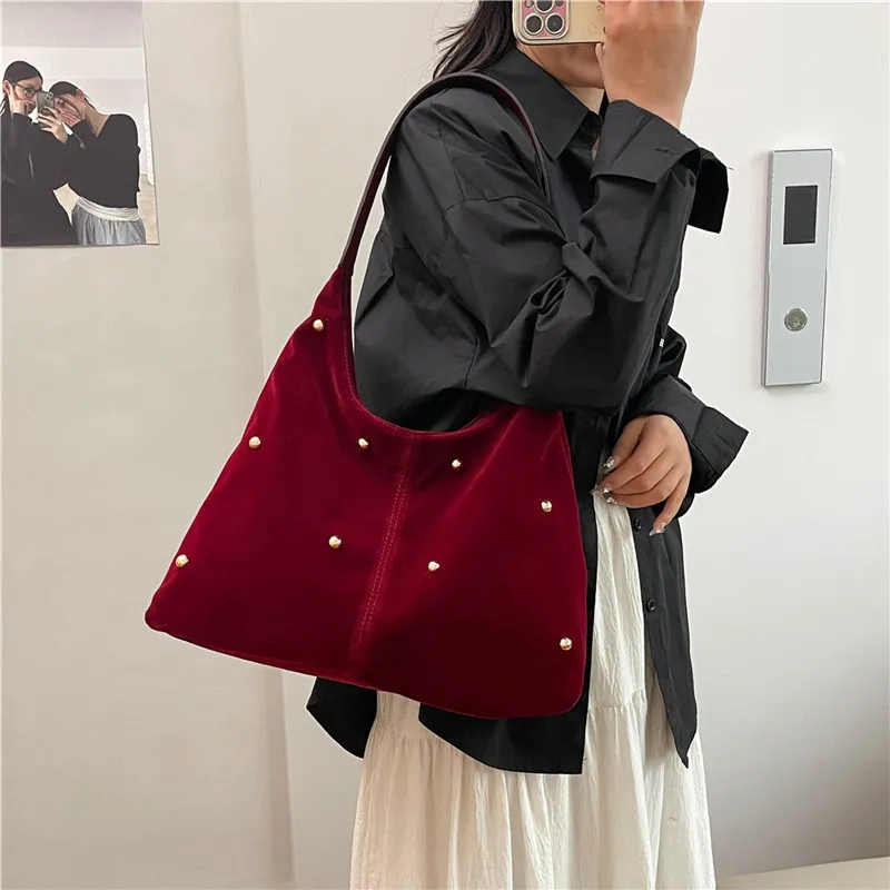 Dusen Kangaroo Velour Shoulder Bag Women's Black/Red/Beige/Coffee/Brown-6