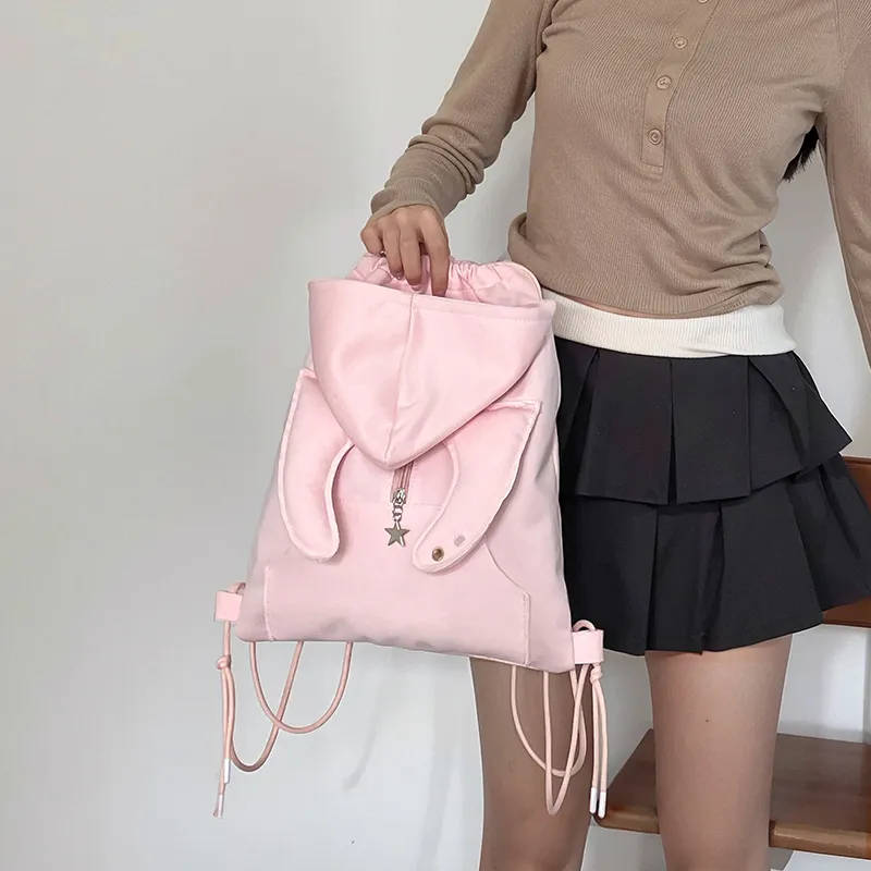 Dusen Kangaroo Nylon Fabric Backpack Women's Black/Gray/Pink-20