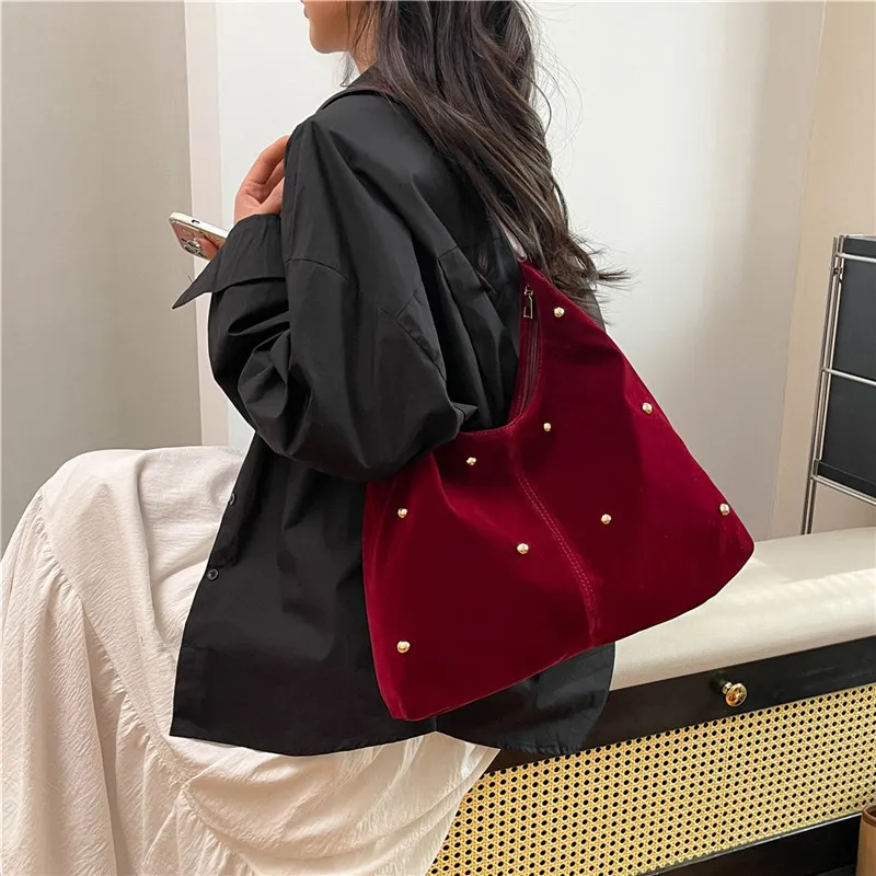 Dusen Kangaroo Velour Shoulder Bag Women's Black/Red/Beige/Coffee/Brown-9