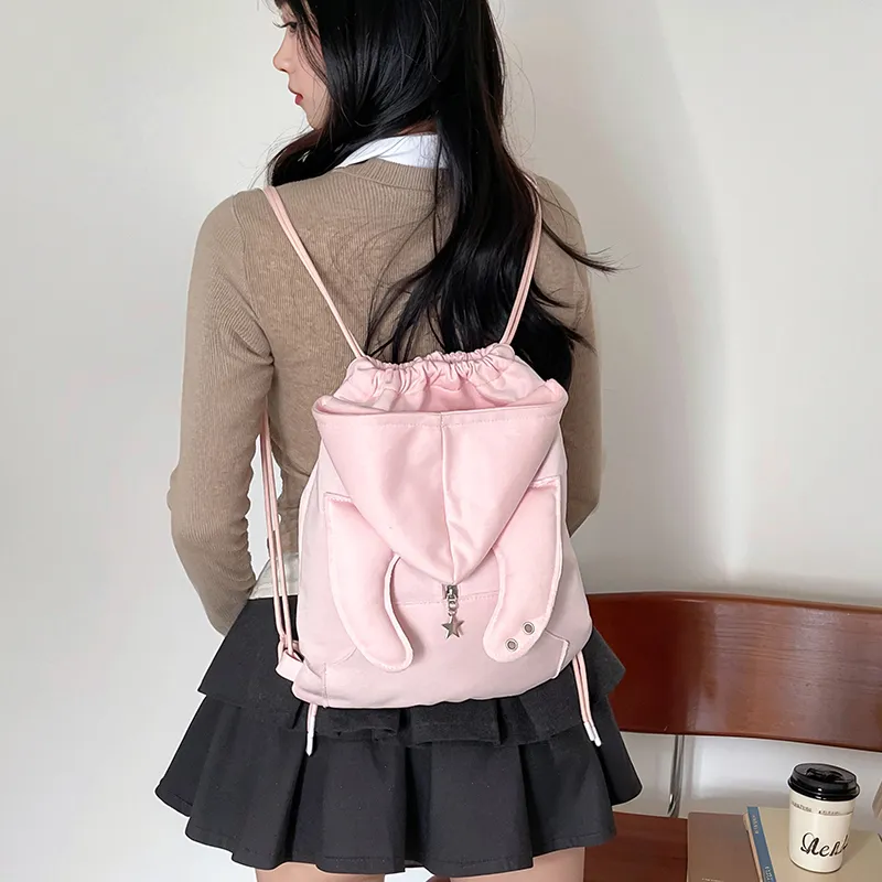 Dusen Kangaroo Nylon Fabric Backpack Women's Black/Gray/Pink-16