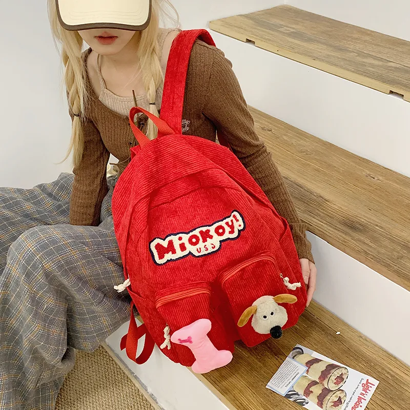 Dusen Kangaroo Corduroy Backpack Women's White/Black/Red-15