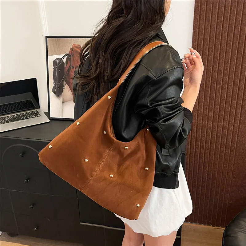 Dusen Kangaroo Velour Shoulder Bag Women's Black/Red/Beige/Coffee/Brown-22