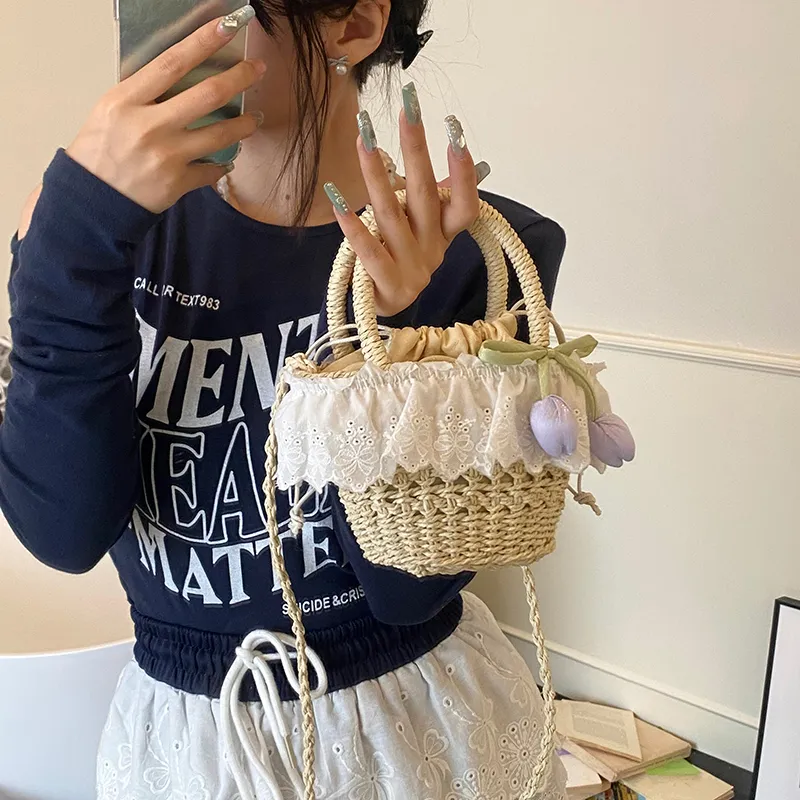Dusen Kangaroo Straw Woven Handbag Women's Multicolor-13