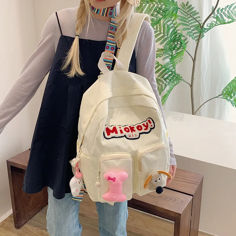 Dusen Kangaroo Corduroy Backpack Women's White/Black/Red-1