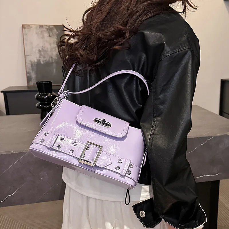 Dusen Kangaroo PU Shoulder Bag Women's White/Black/Purple/Yellow/Pink-14
