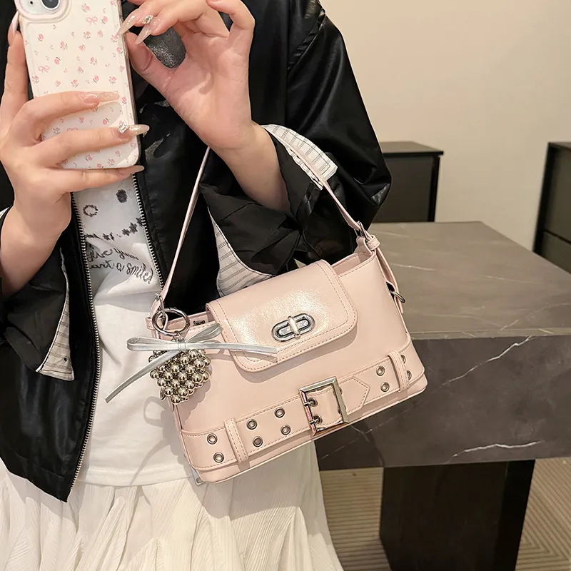 Dusen Kangaroo PU Shoulder Bag Women's White/Black/Purple/Yellow/Pink-26