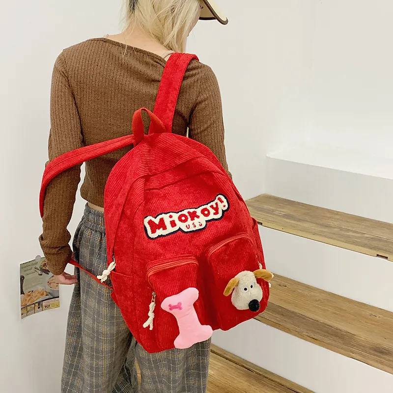Dusen Kangaroo Corduroy Backpack Women's White/Black/Red-16
