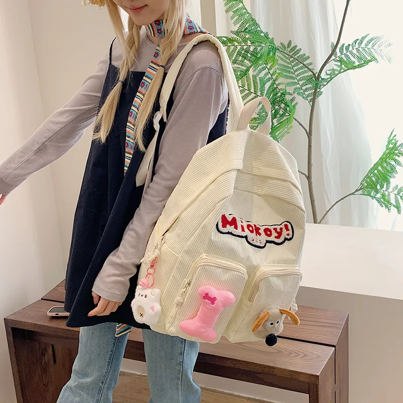 Dusen Kangaroo Corduroy Backpack Women's White/Black/Red-3