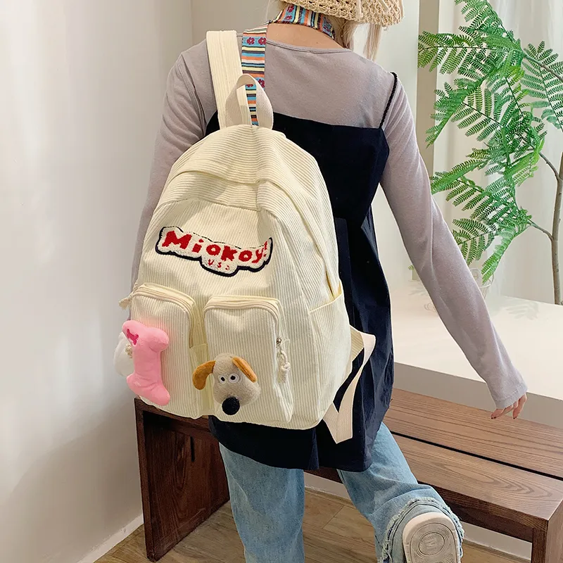 Dusen Kangaroo Corduroy Backpack Women's White/Black/Red-2