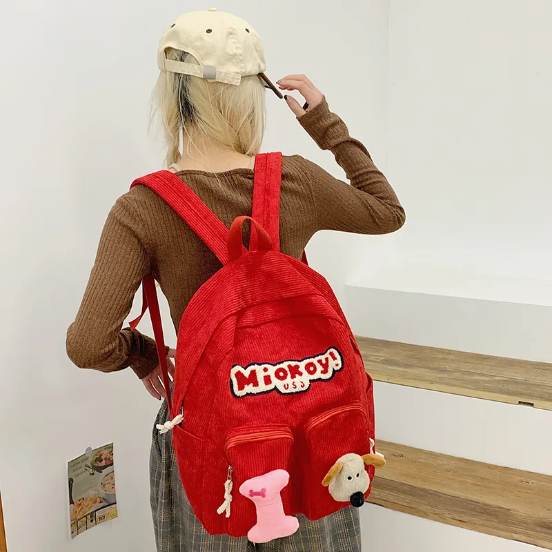 Dusen Kangaroo Corduroy Backpack Women's White/Black/Red-12