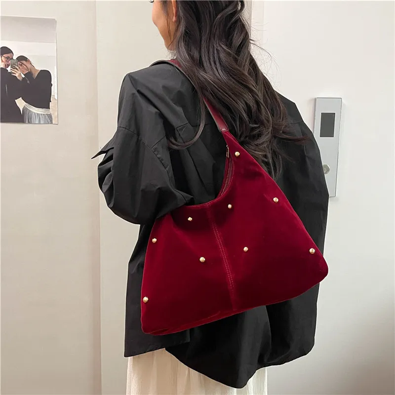 Dusen Kangaroo Velour Shoulder Bag Women's Black/Red/Beige/Coffee/Brown-8