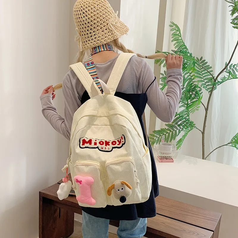Dusen Kangaroo Corduroy Backpack Women's White/Black/Red-5