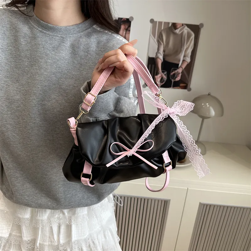 Dusen Kangaroo PU Shoulder Bag Women's White/Black/Pink-7