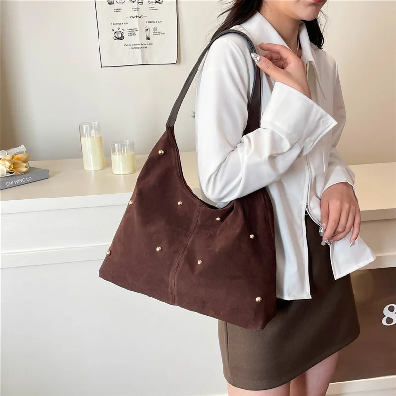 Dusen Kangaroo Velour Shoulder Bag Women's Black/Red/Beige/Coffee/Brown-17