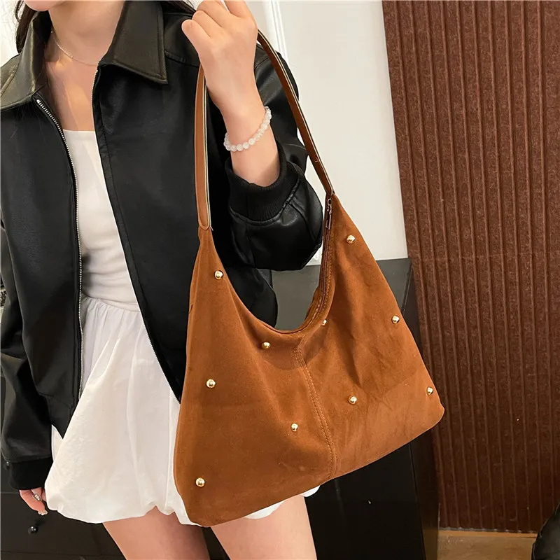 Dusen Kangaroo Velour Shoulder Bag Women's Black/Red/Beige/Coffee/Brown-20