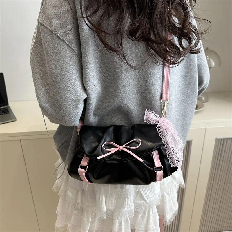 Dusen Kangaroo PU Shoulder Bag Women's White/Black/Pink-10