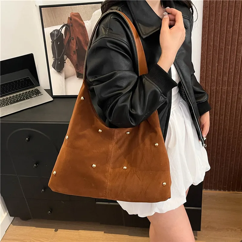 Dusen Kangaroo Velour Shoulder Bag Women's Black/Red/Beige/Coffee/Brown-21