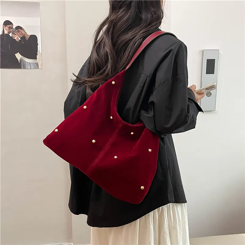 Dusen Kangaroo Velour Shoulder Bag Women's Black/Red/Beige/Coffee/Brown-7