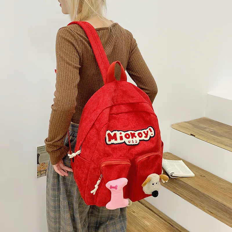 Dusen Kangaroo Corduroy Backpack Women's White/Black/Red-13
